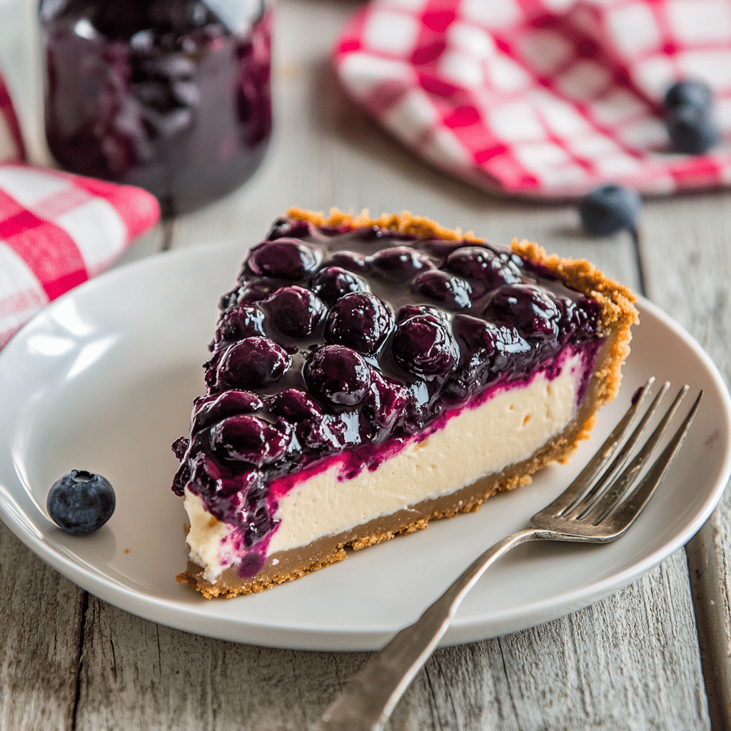 3 Ingredient No Bake Blueberry Cheesecake Recipe for Sweet Simplicity 3 Ingredient No Bake Blueberry Cheesecake Recipe 3 Ingredient No Bake Blueberry Cheesecake Recipe on a white plate, topped with blueberry filling, on a light wooden table with a red and white checkered napkin